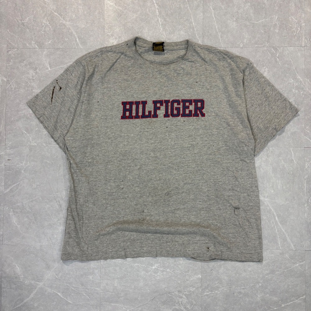 Vintage Tommy Hilfiger Spellout Logo T-Shirt Mens Large Gray Distressed 90s